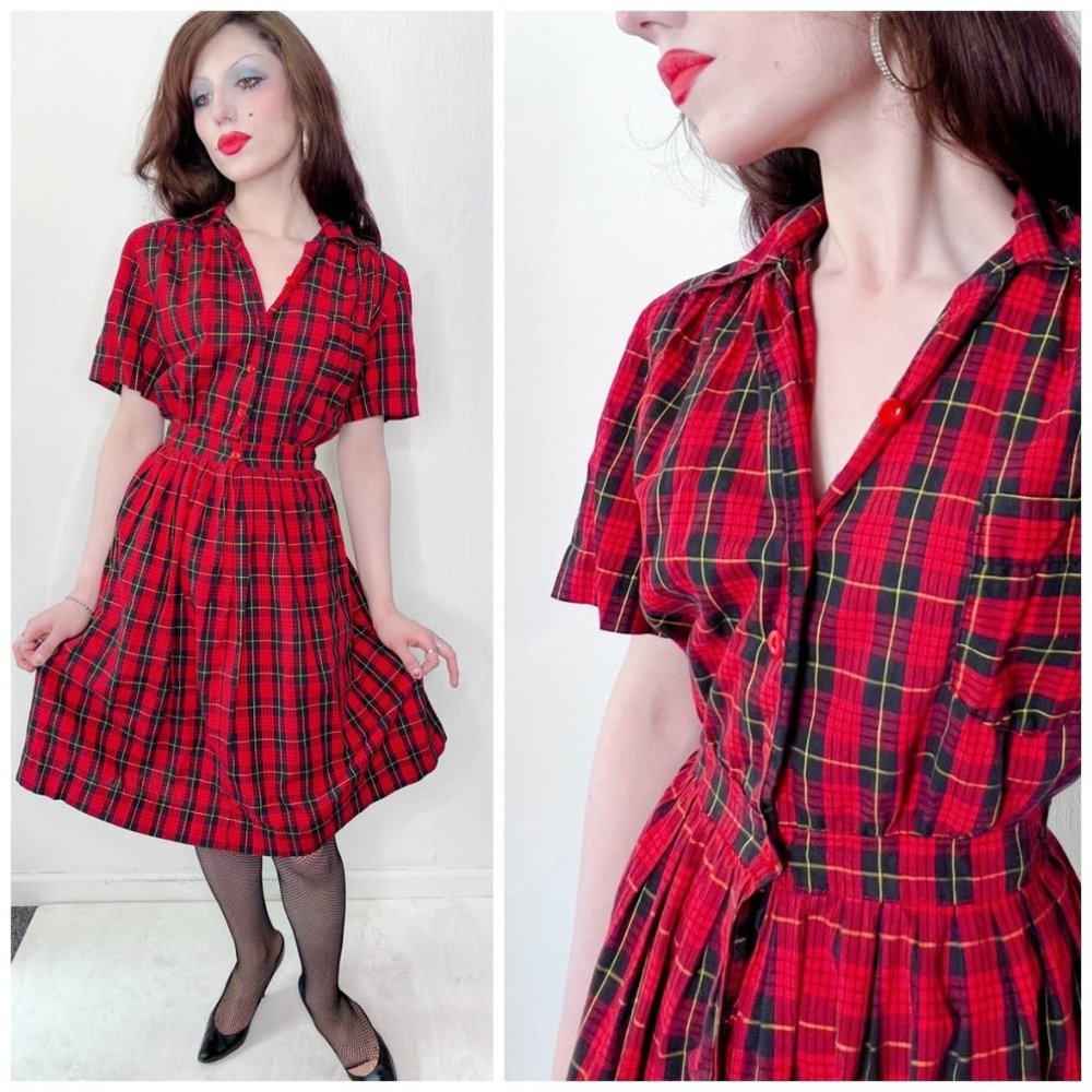 Vintage 50s 60s Red Plaid Shirt Day Dress M Medium Mod MCM VLV Pinup
